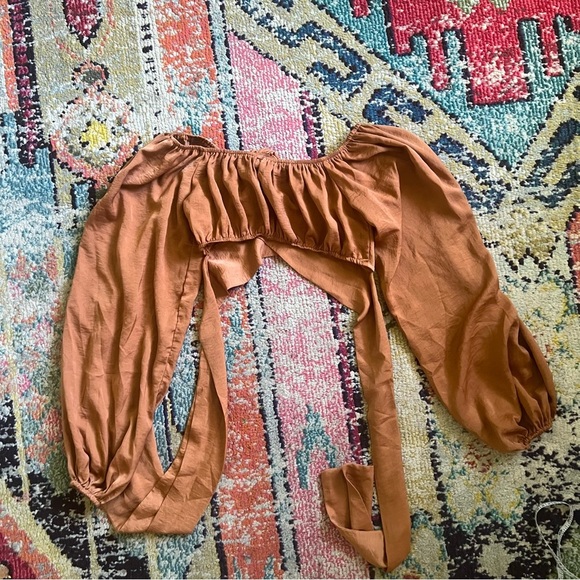 Windsor crop top long ballon sleeves silky brown size s - Picture 5 of 6